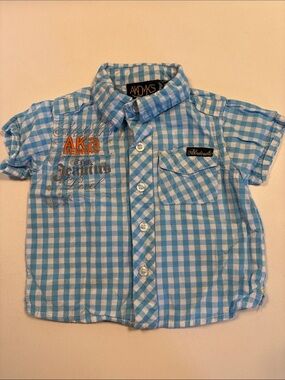 Vintage Y2K Akademiks Blue Gingham Short-Sleeve Button Shirt for Baby